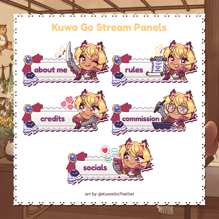 Kuwa Go The Owl Stream About Page Panels stream panel headers for Twitch about page or Youtube bio information.