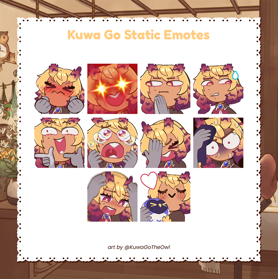 Kuwa Go The Owl Static Emotes animated emotes or static emotes for livestreaming, chat, Twitch, Youtube, or other messaging chat apps.