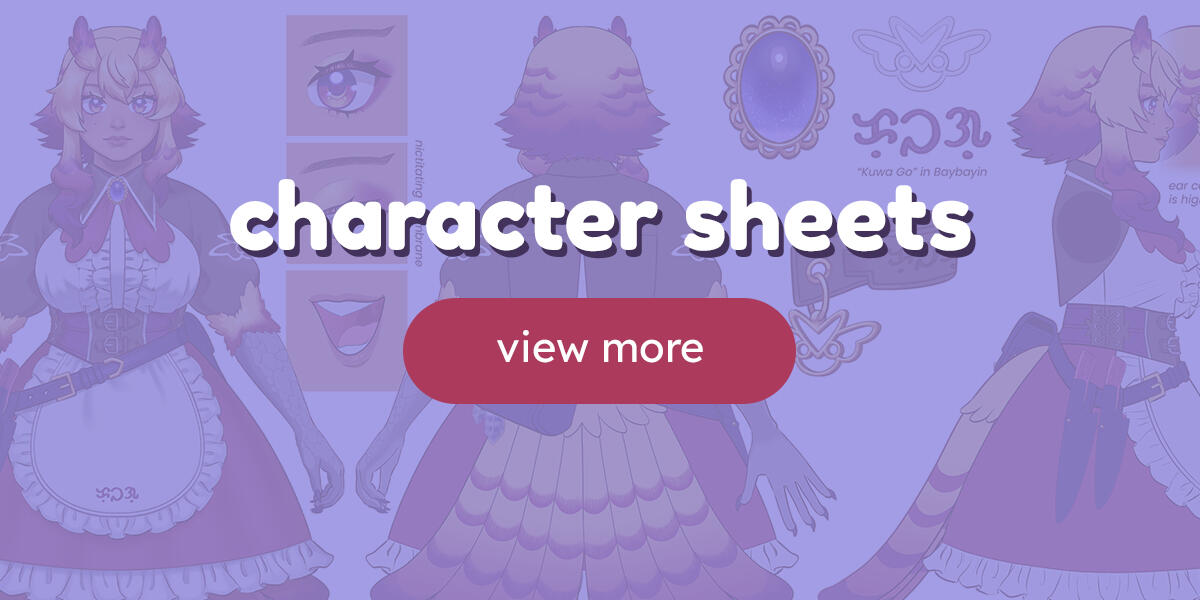 Character Sheets A thumbnail that features character concept design sheets for world building and game design.